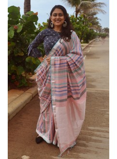Light pink with Silver, Handwoven Organic Cotton,Textured Weave , Jacquard, Work Wear Saree